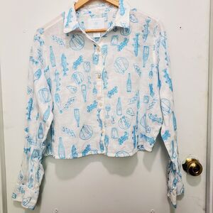 Cynthia Rowley Linen Cropped Blouse L Blue Embroidery Coastal Chic Cottagecore